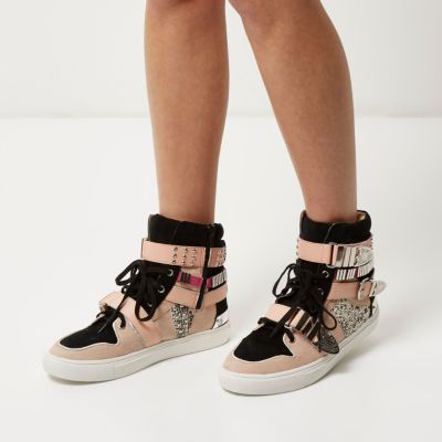 Pink leather buckle high top trainers